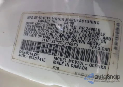 1999 Toyota Camry Solara Sle из США, поврежденный, VIN 2T1CF28P0XC216973